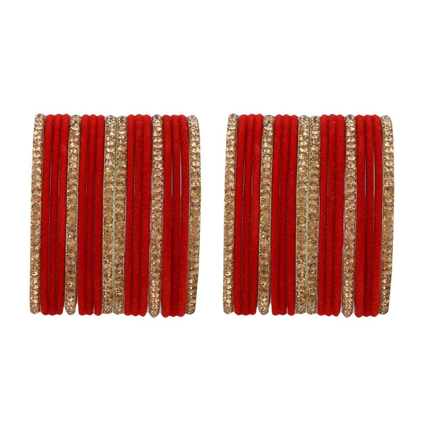 T4 Jewels Velvet Bangle Set With Golden Bangles-69 Red All Bangle Sets T4 Jewels