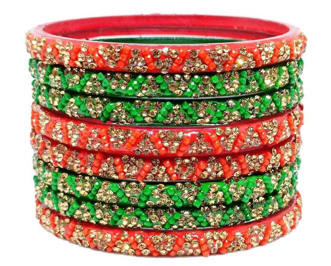 T4 Jewels (Large Size) Red, Green MultiColor Glass Kada Bangles (Pack Of 8)-KVT Large Size Bangles T4 Jewels