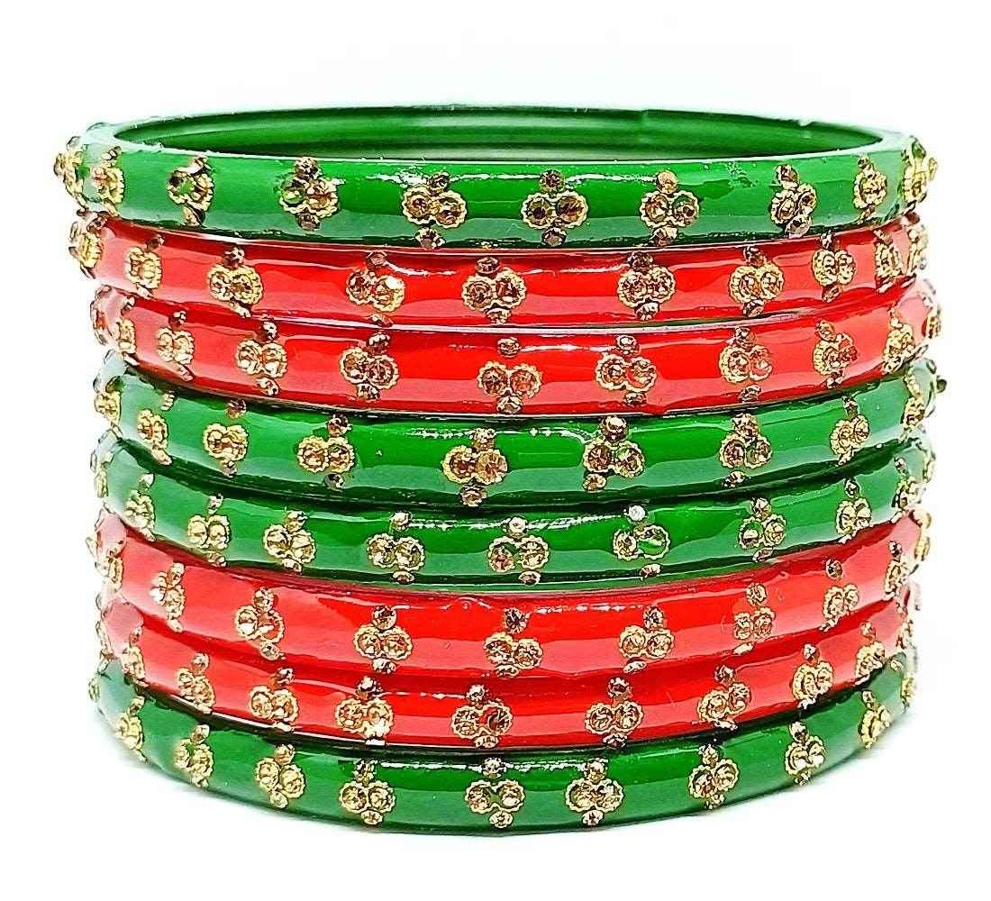 T4 Jewels (Large Size) Red & Green Color Glass Kada Bangles (Pack Of 8)-ASTA Large Size Bangles T4 Jewels
