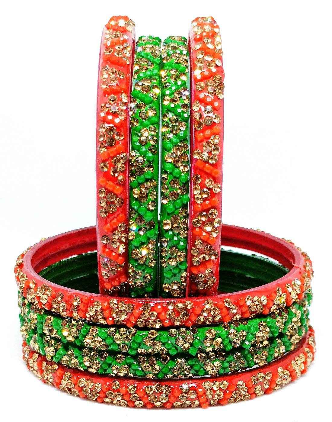T4 Jewels (Large Size) Red, Green MultiColor Glass Kada Bangles (Pack Of 8)-KVT Red & Green Large Size Bangles T4 Jewels
