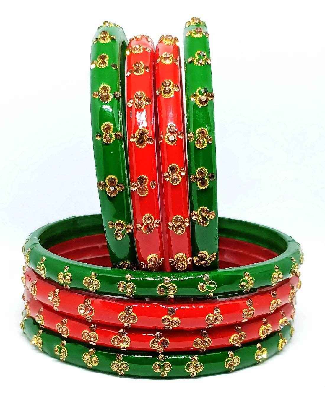 T4 Jewels (Large Size) Red & Green Color Glass Kada Bangles (Pack Of 8)-ASTA Multi Large Size Bangles T4 Jewels