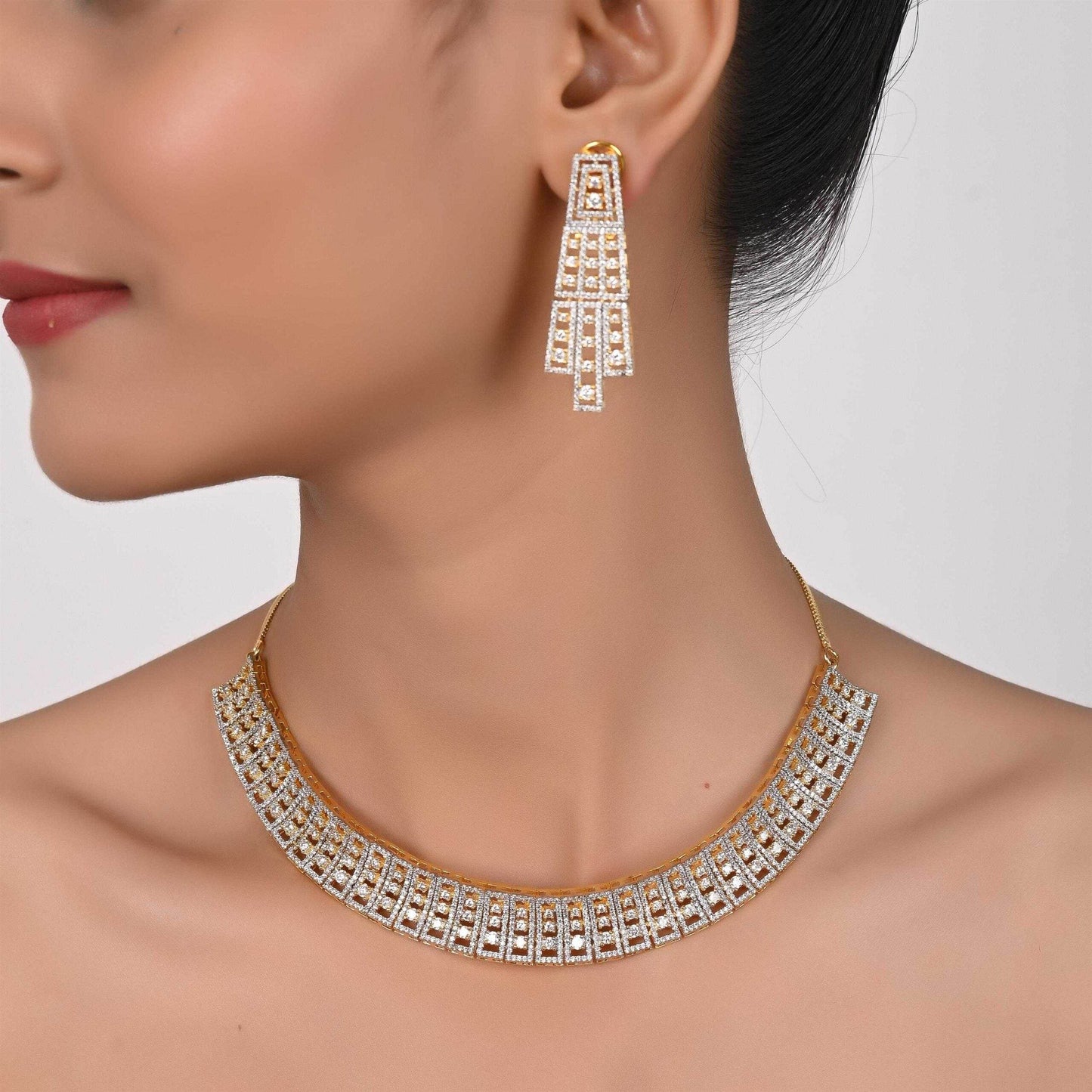 Gold Danglers CZ Designer Festive Wear Luxury Brass Set of Earrings & Necklaces T4 Jewels