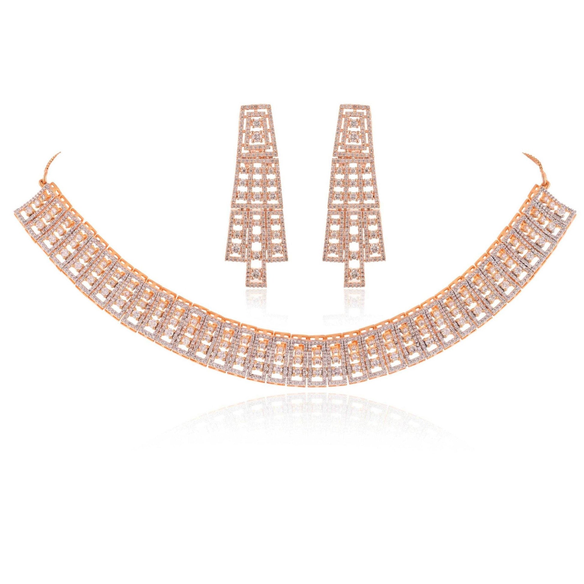 Rose Gold Danglers CZ Designer Festive Wear Luxury Brass Set of Earrings & Necklaces T4 Jewels