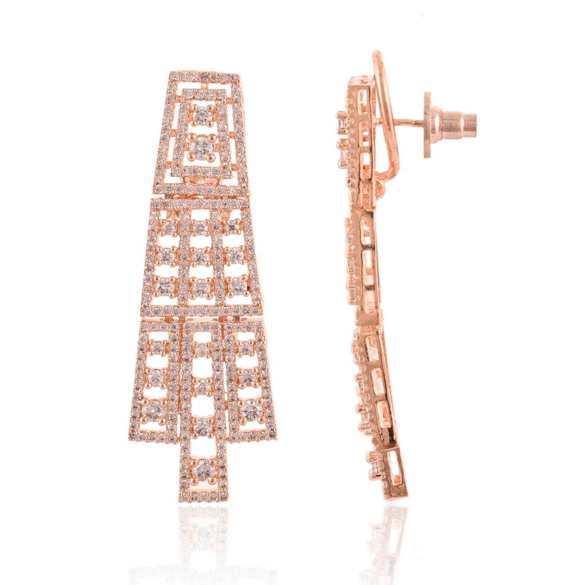 Rose Gold Danglers CZ Designer Festive Wear Luxury Brass Set of Earrings & Necklaces T4 Jewels