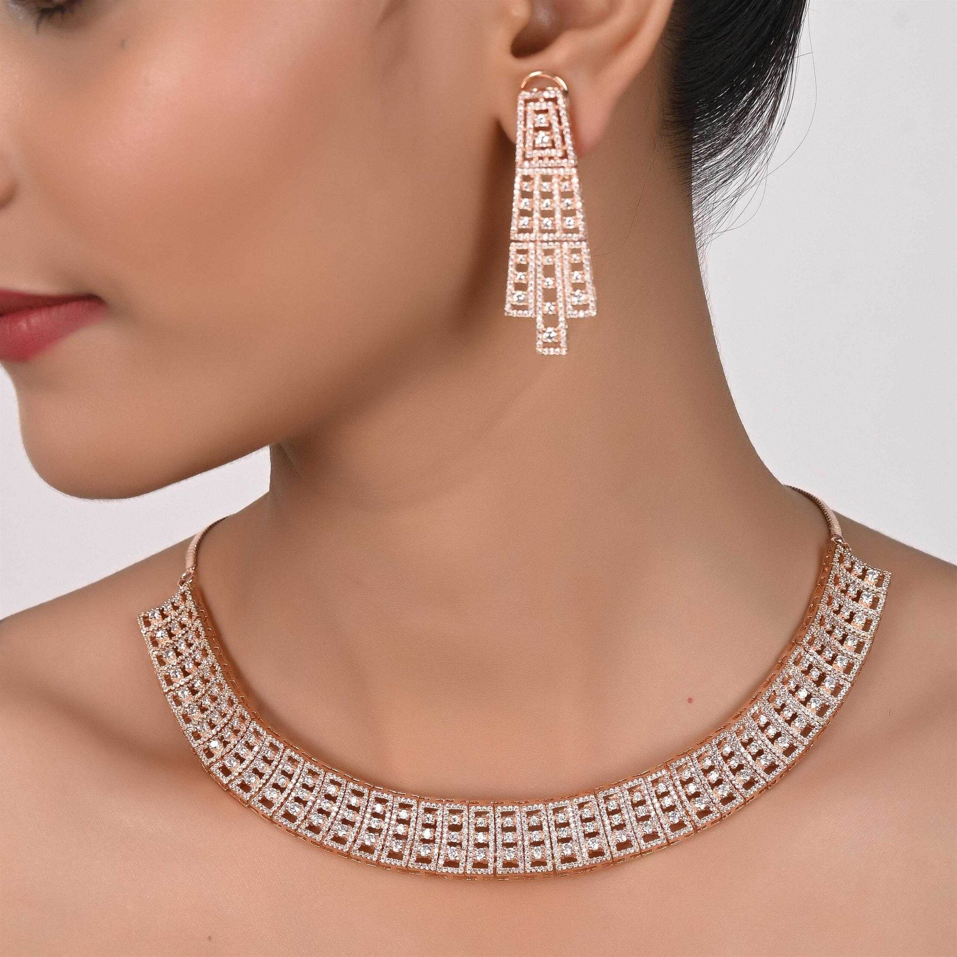 Rose Gold Danglers CZ Designer Festive Wear Luxury Brass Set of Earrings & Necklaces T4 Jewels