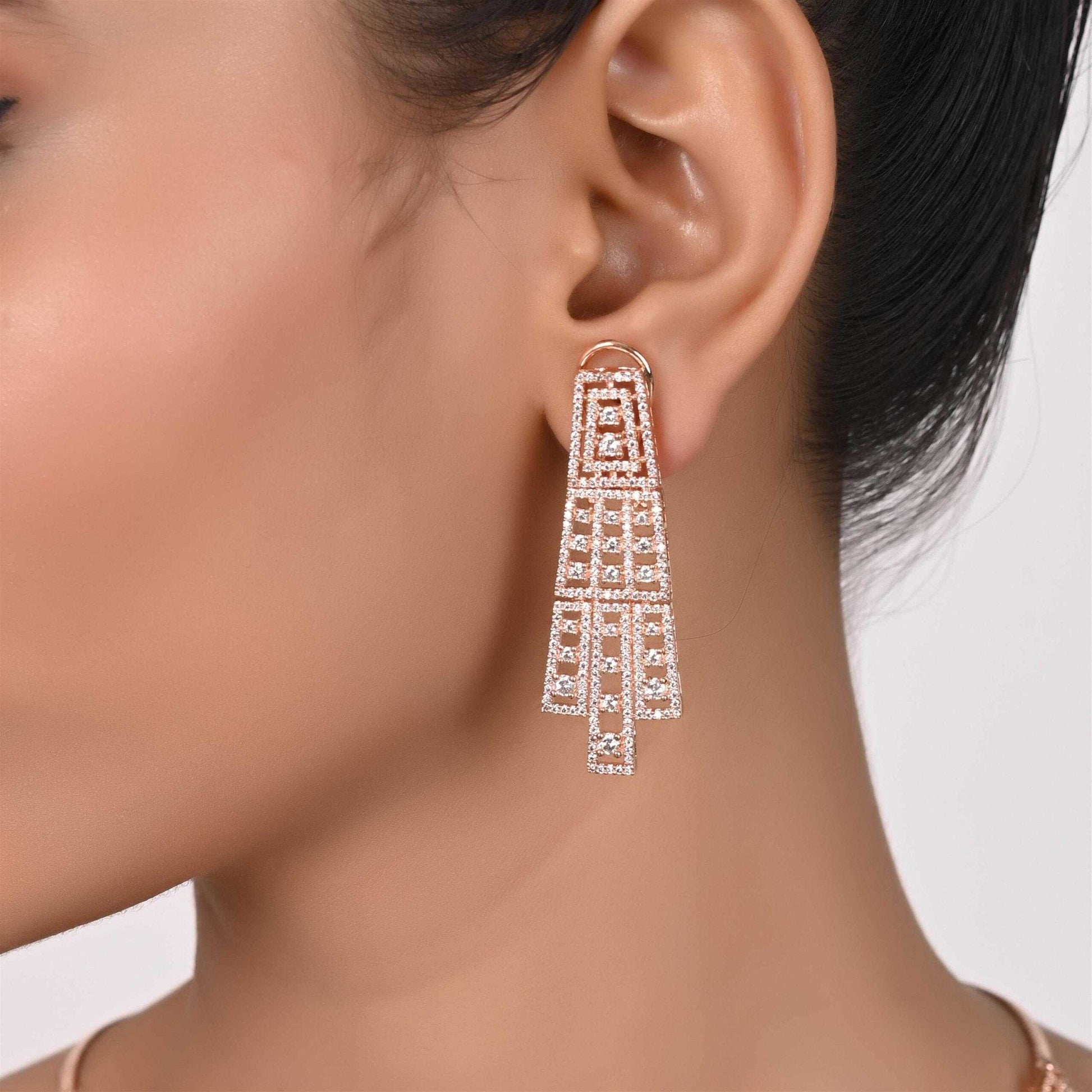 Rose Gold Danglers CZ Designer Festive Wear Luxury Brass Set of Earrings & Necklaces T4 Jewels