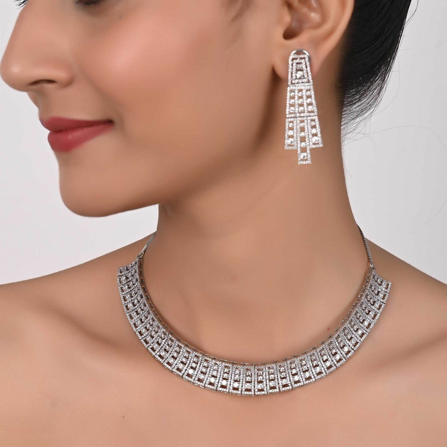 White Danglers CZ Designer Festive Wear Luxury Brass Set of Earrings & Necklaces T4 Jewels