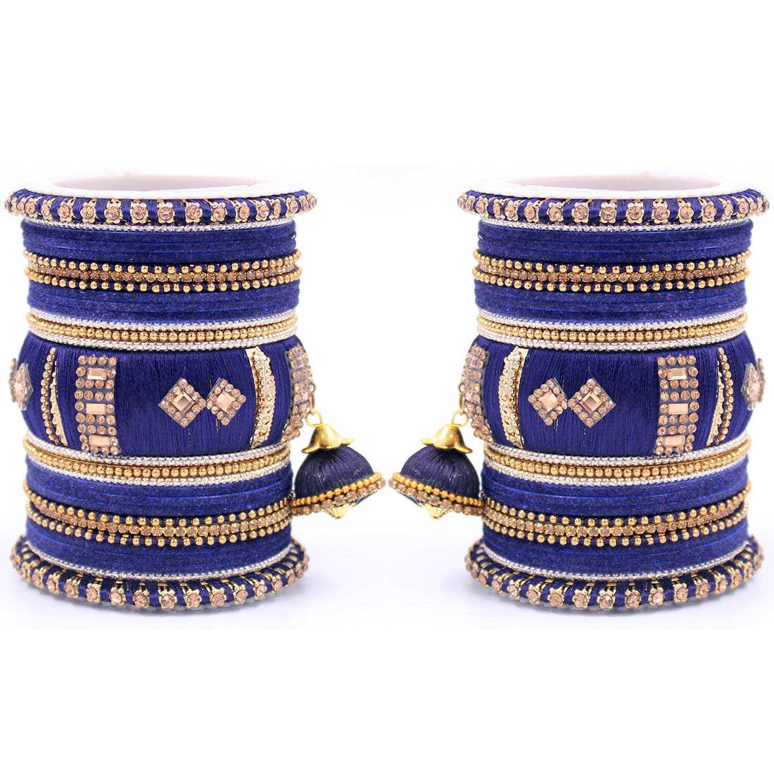 Bridal Set of 2 Silk Thread Bangle Set With Jhumki Royal Blue All Bangle Sets T4 Jewels