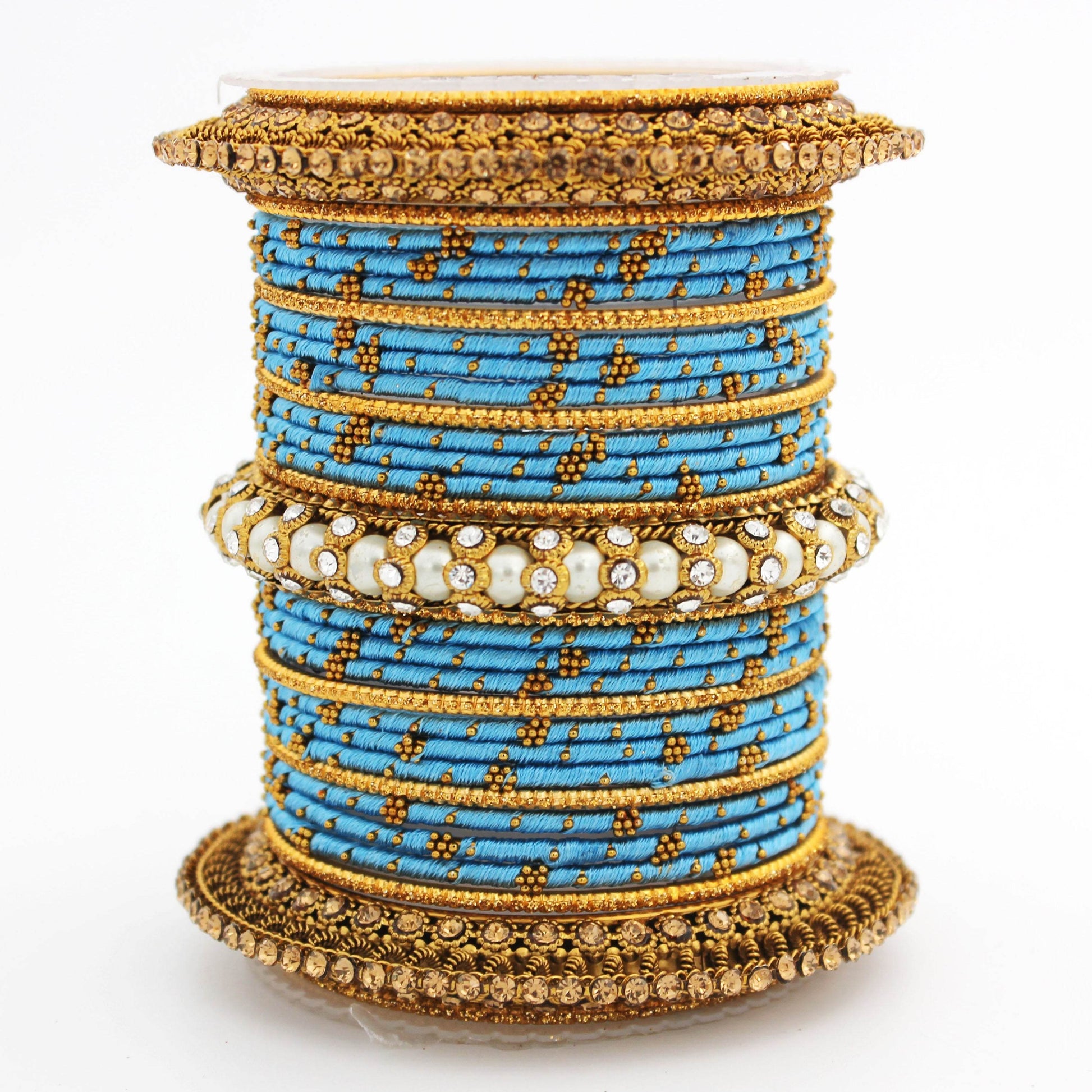Traditional Thread bangle set with Pearl centre kada by T4 Jewels Sky Blue All Bangle Sets T4 Jewels