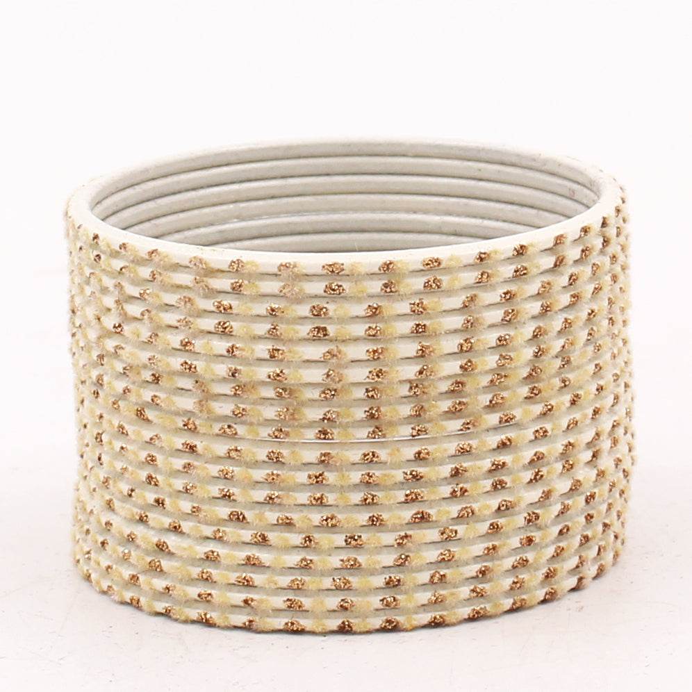 Set of 24 Velvet Bangles with Golden Boond by T4 Jewels Cream Plain Metal Bangles T4 Jewels