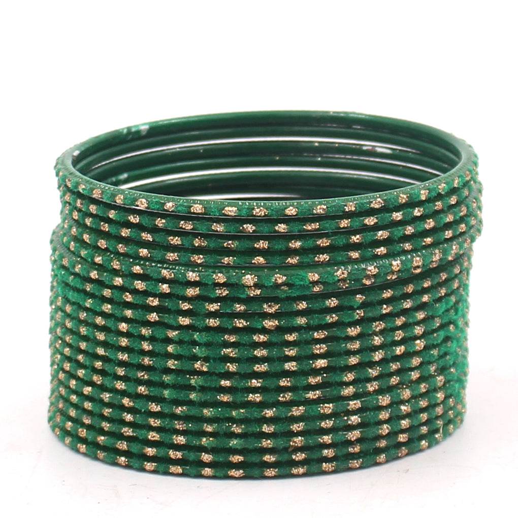 Set of 24 Velvet Bangles with Golden Boond by T4 Jewels Green Plain Metal Bangles T4 Jewels