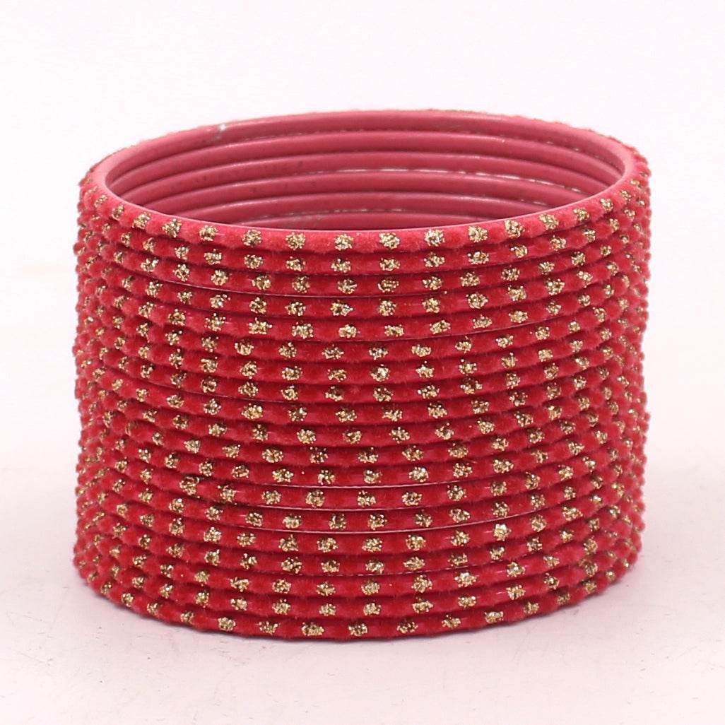 Set of 24 Velvet Bangles with Golden Boond by T4 Jewels Red Plain Metal Bangles T4 Jewels