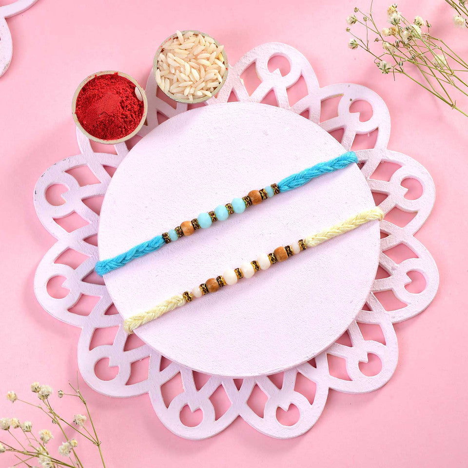 T4 Jewels Elegant Beaded Rakhi Set with Blue & Cream Threads – Minimal Rakhi for Kids & Brothers (Pack of 2) – SR10A Rakhi T4 Jewels