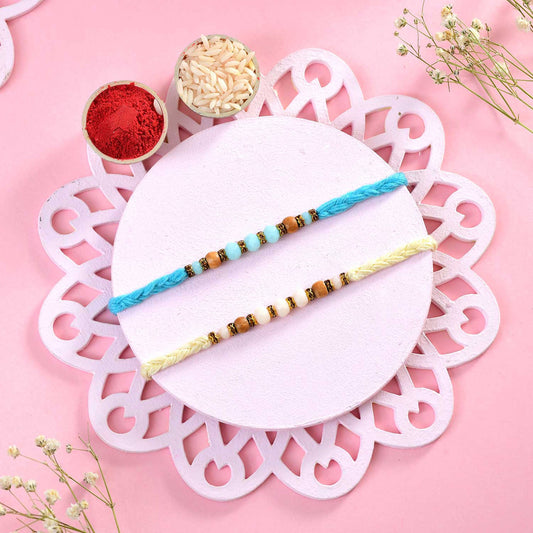 T4 Jewels Elegant Beaded Rakhi Set with Blue & Cream Threads – Minimal Rakhi for Kids & Brothers (Pack of 2) – SR10A Rakhi T4 Jewels