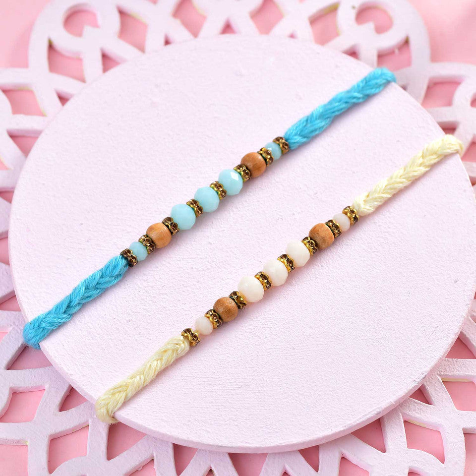 T4 Jewels Elegant Beaded Rakhi Set with Blue & Cream Threads – Minimal Rakhi for Kids & Brothers (Pack of 2) – SR10A Rakhi T4 Jewels