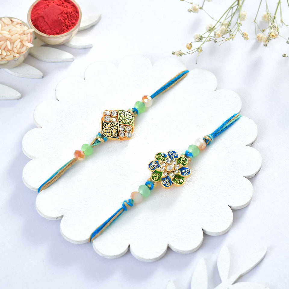T4 Jewels Artistic Meenakari Rakhi Set with Colorful Stones – Designer Rakhi for Brother (Pack of 2) – SR11A Rakhi T4 Jewels