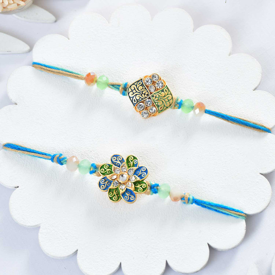 T4 Jewels Artistic Meenakari Rakhi Set with Colorful Stones – Designer Rakhi for Brother (Pack of 2) – SR11A Rakhi T4 Jewels