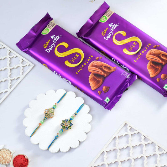 T4 Jewels 2 Designer Rakhi with 2 Dairy Milk Silk Chocolates & Roli Chawal – Rakhi Gift Pack for Brother – SR12 Rakhi T4 Jewels