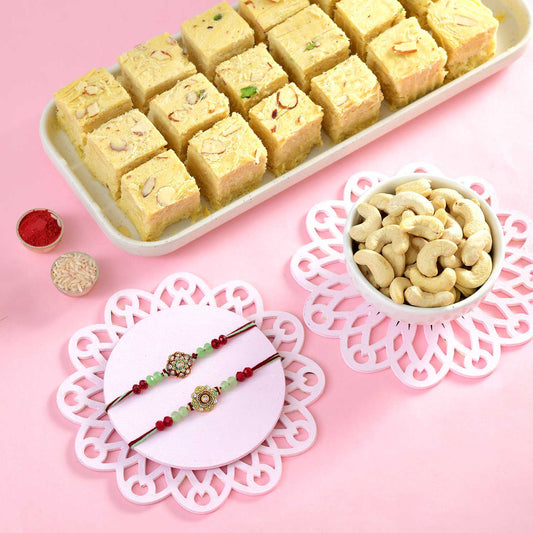 T4 Jewels 2 Traditional Rakhi with Soan Papdi, Kaju & Roli Chawal – Rakhi Gift Hamper for Brother – SR13A Rakhi T4 Jewels