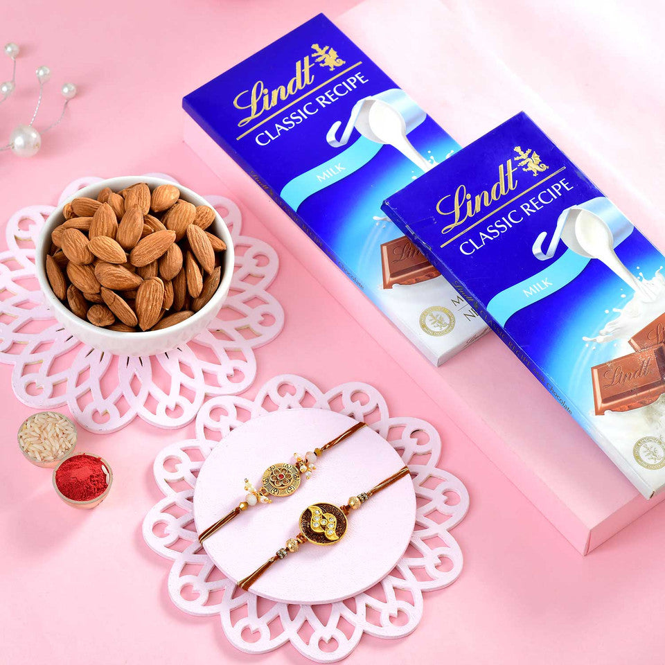 T4 Jewels Pack of 2 Premium Maroon Rakhi with Lindt Chocolate & Almonds - SR16 Rakhi T4 Jewels