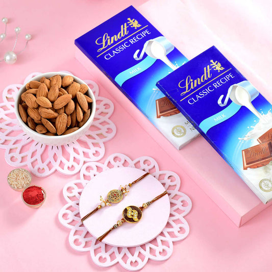 T4 Jewels Pack of 2 Premium Maroon Rakhi with Lindt Chocolate & Almonds - SR16 Rakhi T4 Jewels