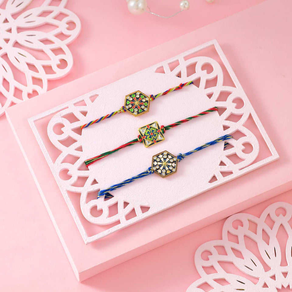 T4 Jewels Pack of 3 Different Colour Rakhi with Besan Ke Laddu & Cashews - SR17 Rakhi T4 Jewels