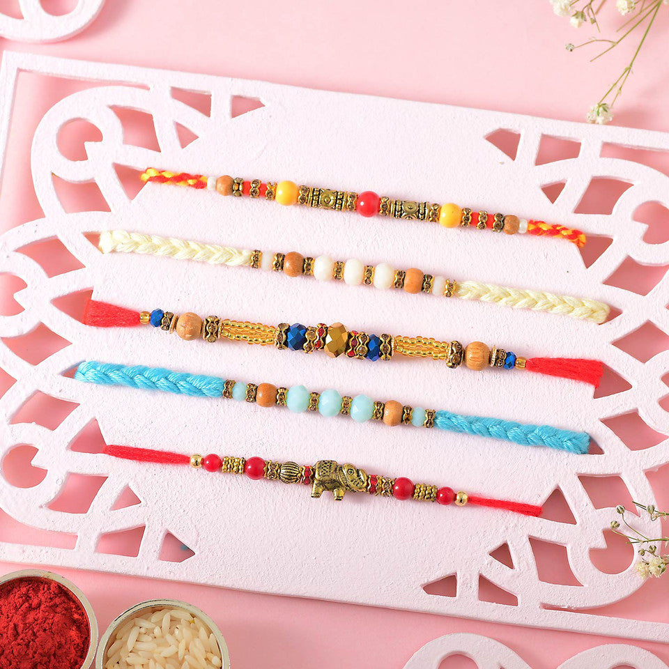 T4 Jewels Different Colour Rakhi Sets For Your Sweet Brothers (Pack Of 5)- SR18 Rakhi T4 Jewels