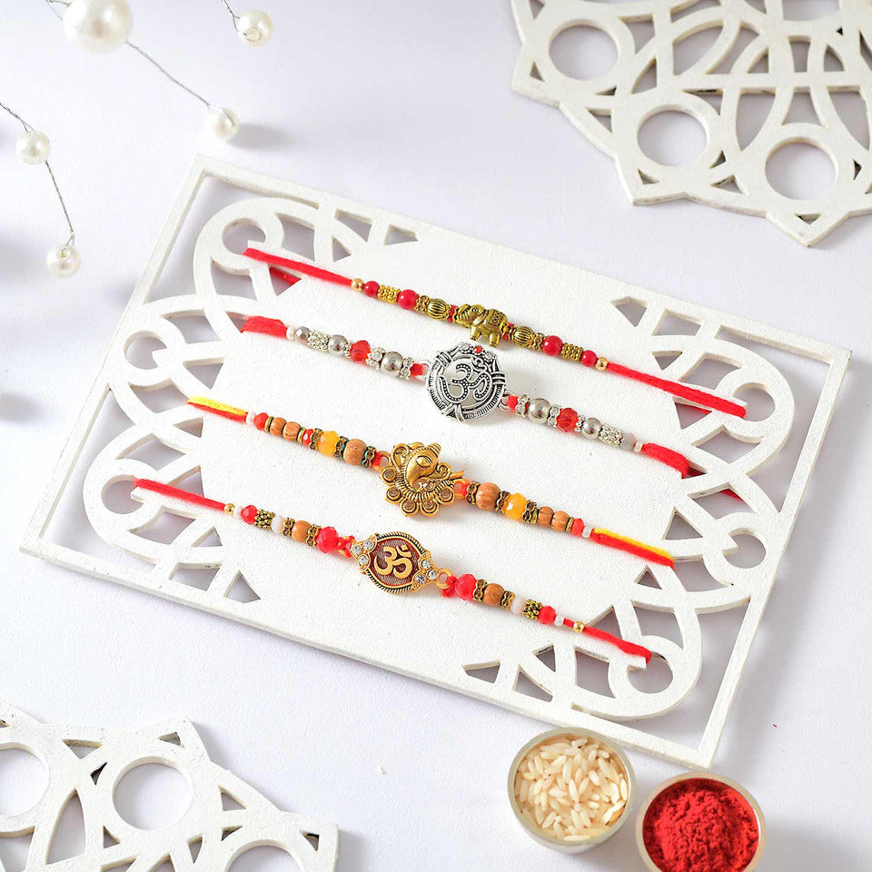 T4 Jewels OM & Ganesh etc. Rakhi Sets For Your Sweet Brothers (Pack Of 4)- SR19 Rakhi T4 Jewels