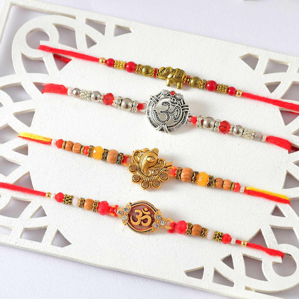 T4 Jewels OM & Ganesh etc. Rakhi Sets For Your Sweet Brothers (Pack Of 4)- SR19 Rakhi T4 Jewels