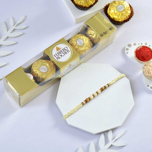 T4 Jewels Golden Colour Rakhi With 4 Pcs Ferrero Rocher Pack (Gift)-SR1 Rakhi T4 Jewels