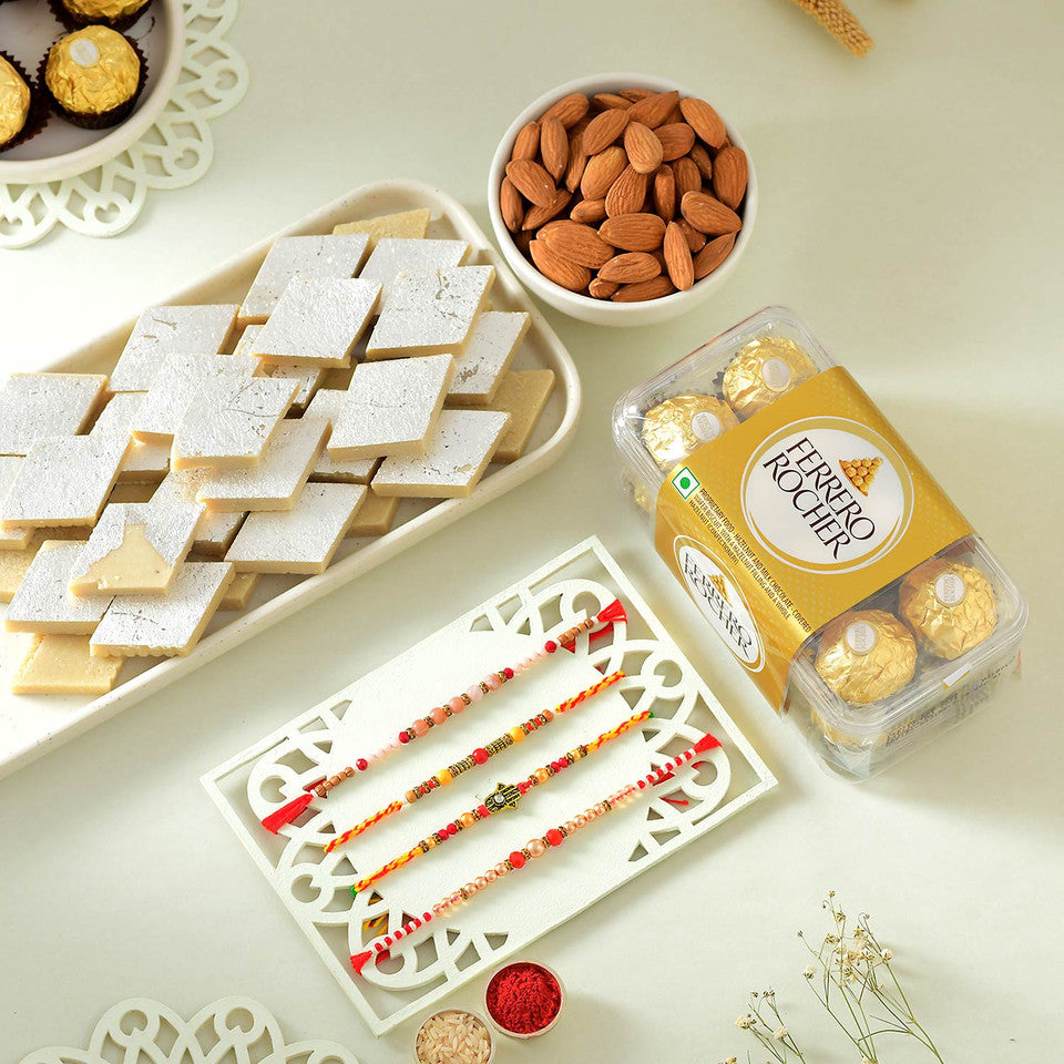 T4 Jewels Premium Rakhi Set With 16Pcs Ferrero Rocher,Almonds & Kaju Katli 😋 - SR25 Rakhi T4 Jewels