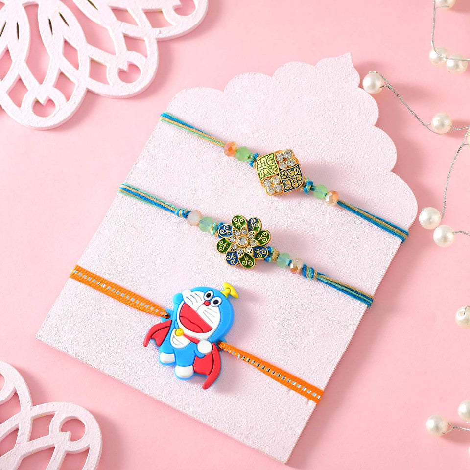 T4 Jewels Multicolor Rakhi With Doraemon Rakhi For Kids (Pack Of 3)-SR4 Rakhi T4 Jewels