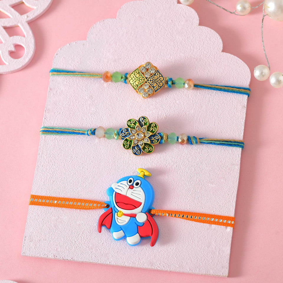 T4 Jewels Multicolor Rakhi With Doraemon Rakhi For Kids (Pack Of 3)-SR4 Rakhi T4 Jewels