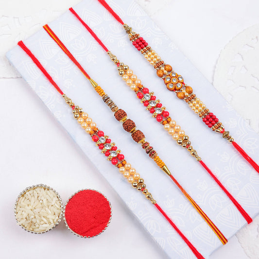 Golden Floral Rakhi with Pearls & Crystal Beads | Rakhi for Bhai – Rakshabandhan 2025 (Pack Of 4)- SR59 Rakhi T4 Jewels