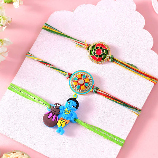 T4 Jewels Multicolor Premium Rakhi With Krishna Rakhi For Kids (Pack Of 3)-SR5 Rakhi T4 Jewels