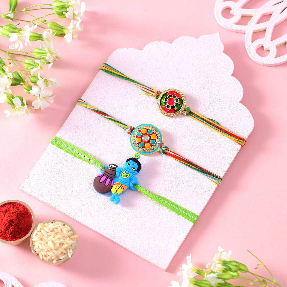 T4 Jewels Multicolor Premium Rakhi With Krishna Rakhi For Kids (Pack Of 3)-SR5 Rakhi T4 Jewels