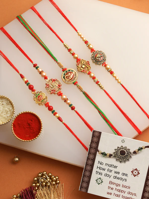 T4 Jewels Floral Moti Rakhi 👌with Red and Gold Accents😍 (Pack Of 5) – SR64