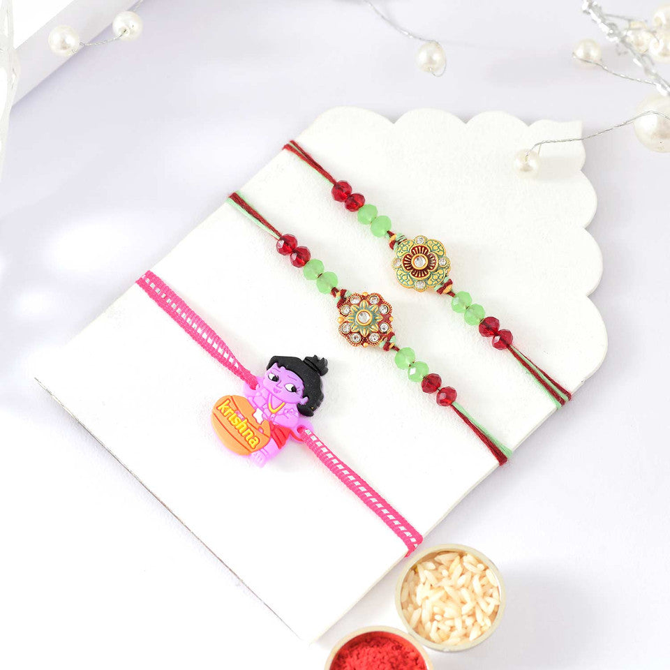T4 Jewels Trio Rakhi Set – Traditional Elegance with Divine Krishna Charm-SR6 Rakhi T4 Jewels