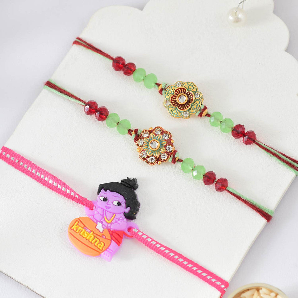 T4 Jewels Trio Rakhi Set – Traditional Elegance with Divine Krishna Charm-SR6 Rakhi T4 Jewels