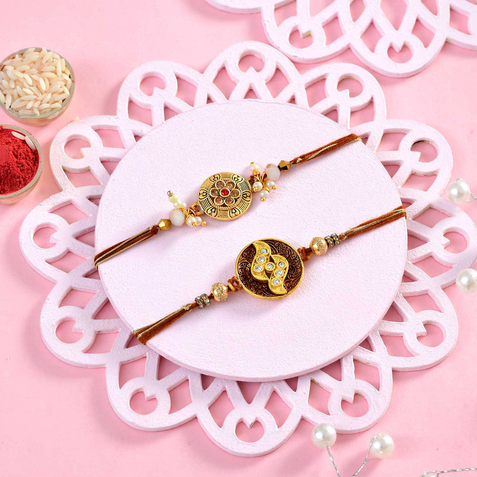 T4 Jewels Traditional Designer Rakhi Set with Kundan and Pearl Beads – Premium Rakhi for Brother (Pack of 2) – SR9A Rakhi T4 Jewels