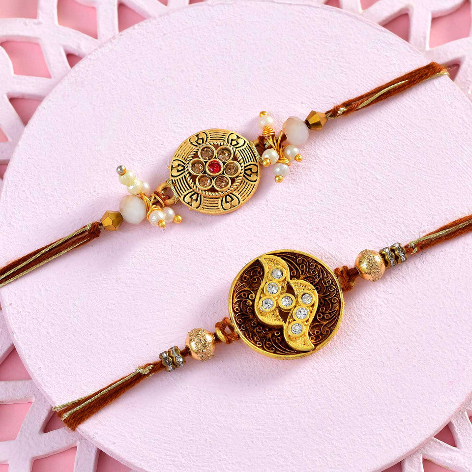 T4 Jewels Traditional Designer Rakhi Set with Kundan and Pearl Beads – Premium Rakhi for Brother (Pack of 2) – SR9A Rakhi T4 Jewels
