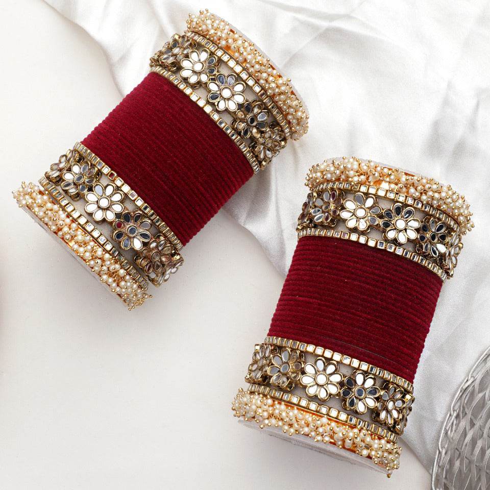 Flower Mirror Bangle Set with Velvet Bangles by T4 Jewels Maroon All Bangle Sets T4 Jewels