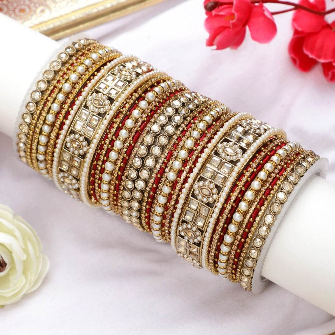 Rich Texture bangle set with Silk thread Bangles by T4 Jewels Red All Bangle Sets T4 Jewels