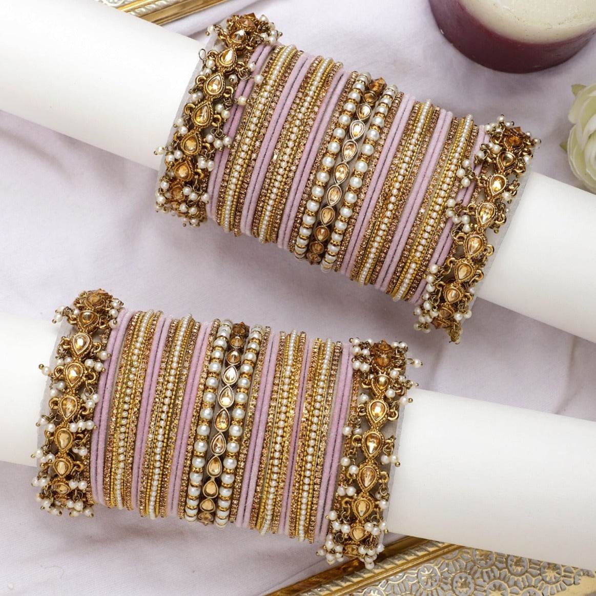Bridal Bangle set with Pearl and Kundan and Velvet Bangles Baby pink T4 Jewels T4 Jewels