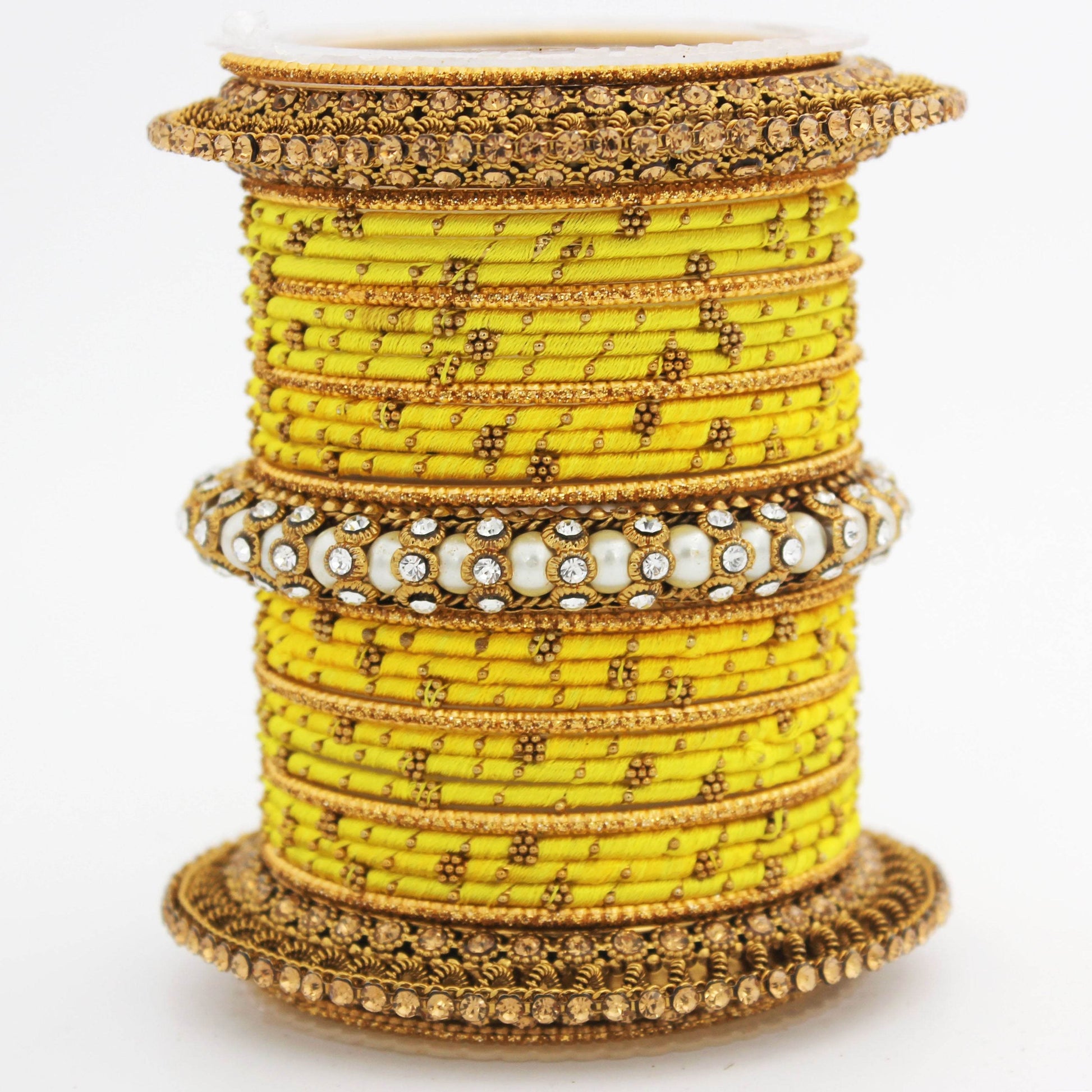 Traditional Thread bangle set with Pearl centre kada by T4 Jewels Yellow All Bangle Sets T4 Jewels