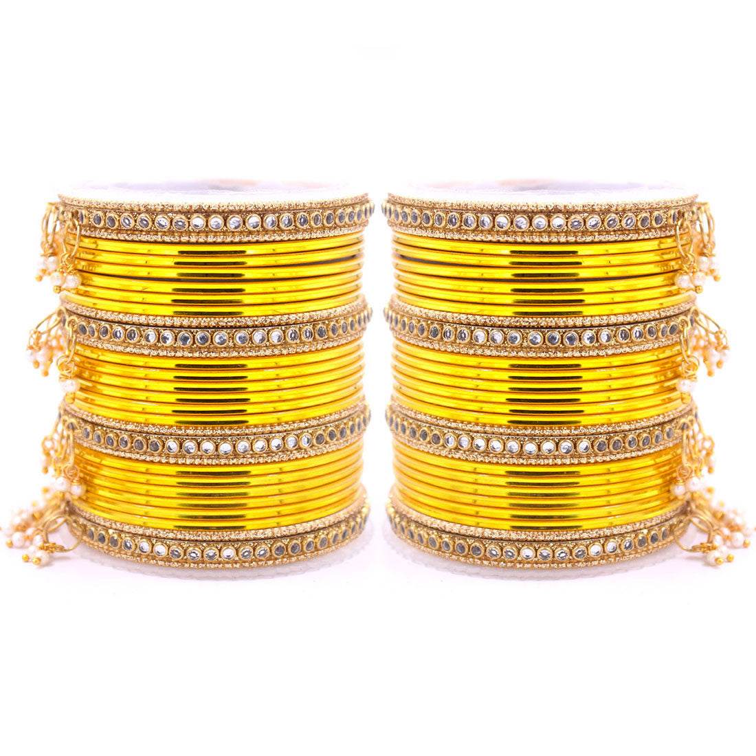 Shining Bangle Set with beaded Jhumki by T4 Jewels Yellow All Bangle Sets T4 Jewels
