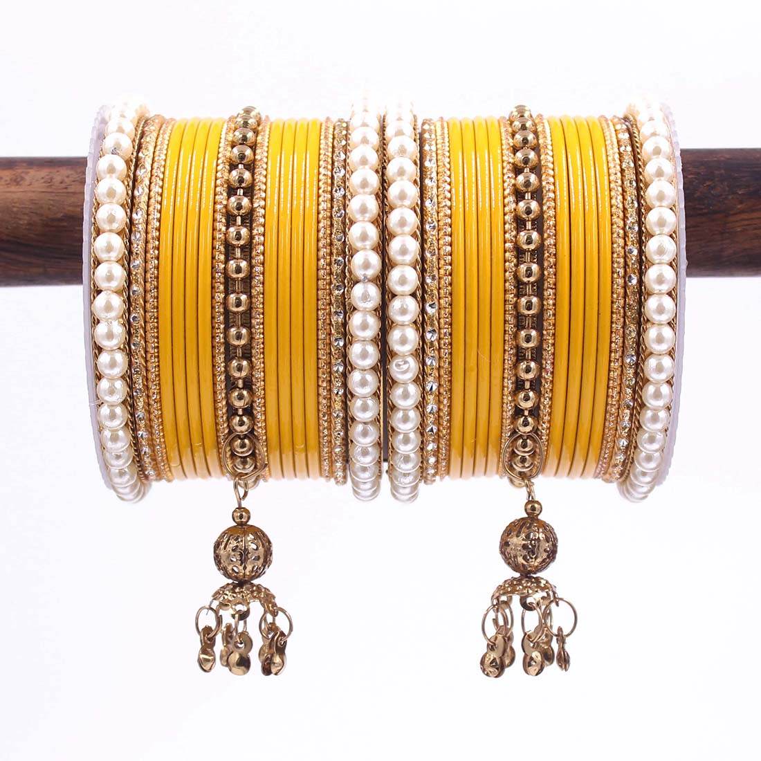 Traditional Solid Coloured Bangle Set with Pearl and Jhumki by T4 Jewels Yellow All Bangle Sets T4 Jewels