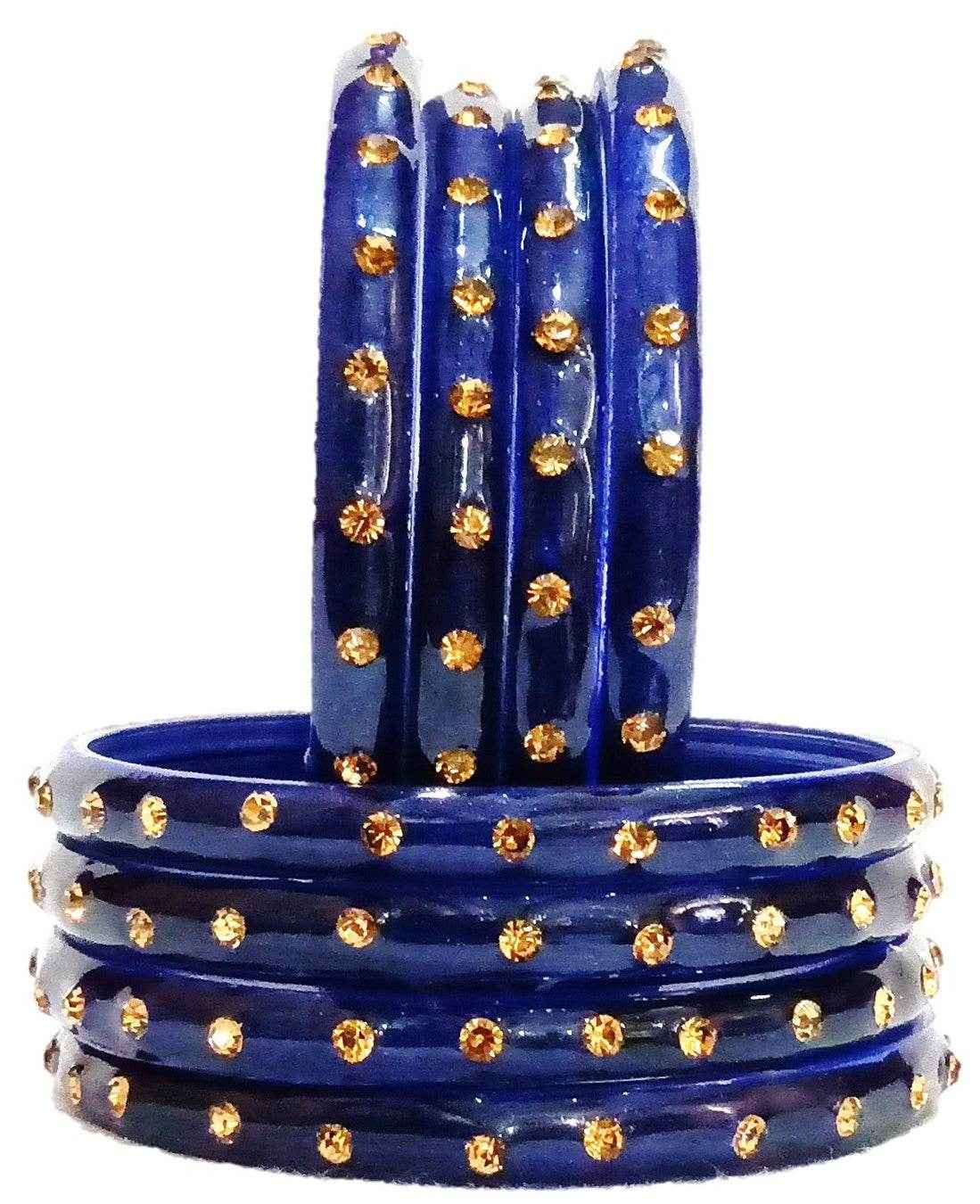 T4 Jewels (Large Size) Many Colors Glass Kada Bangles (Pack Of 8)-SHGN Blue Large Size Bangles T4 Jewels