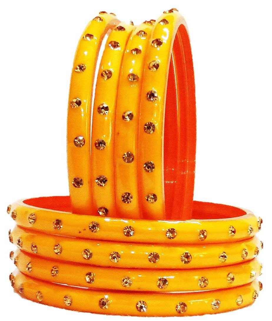 T4 Jewels (Large Size) Many Colors Glass Kada Bangles (Pack Of 8)-SHGN Yellow Large Size Bangles T4 Jewels