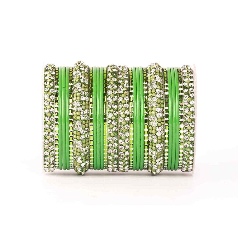 Lac Stone Pattern Bangle Set For Two Hands Parrot Green All Bangle Sets T4 Jewels